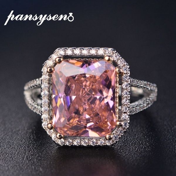 PANSYSEN 100% solido 925 anelli gioielli in argento per le donne 10x12mm rosa spinello diamante gioielleria raffinata nuziale anello di fidanzamento di nozze Y200620