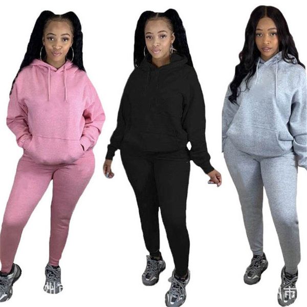 

women casual tracksuit hooded 2 piece set sports jogger suit long sleeve hoodies+leggings fall winter clothing solid color outfits 4334, White