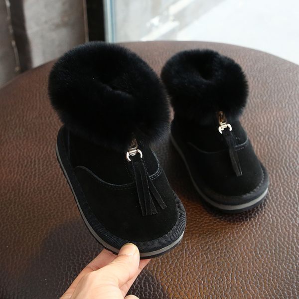 

leather princess genuine winter snow tassel girls casual warm cotton boots 1-3 years old children's shoes, Black;red
