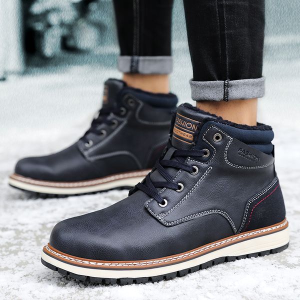 

winter men's male genuine leather ankle boots warm plush snow boots waterproof outdoor work boots men hombre, Black