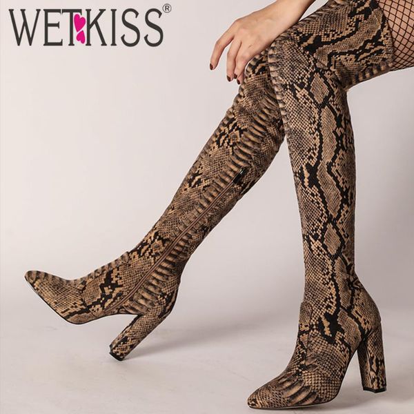 

wetkiss women's over the knee boots high heels suede pointed toe snake print zip fashion long autumn winter boots 2020 new, Black