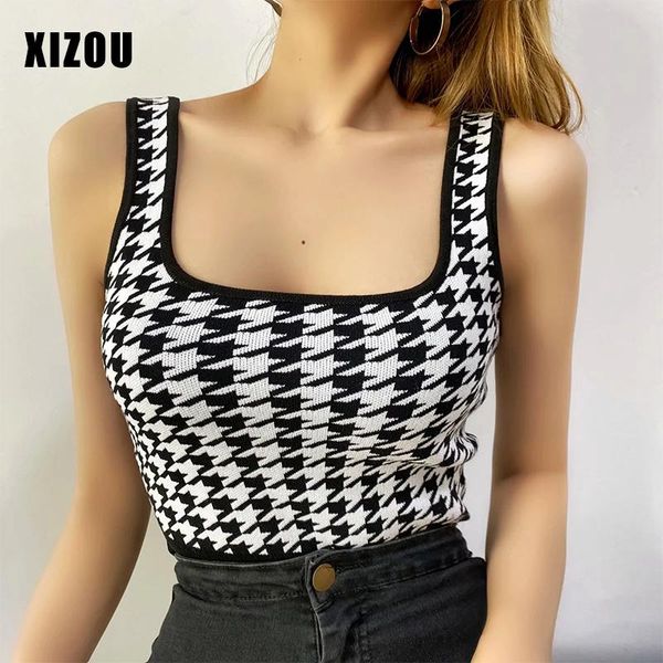 

european and american style women camis & tanks 2020 new houndstooth leopard zebra spot jacquard square neck female knit vest, White
