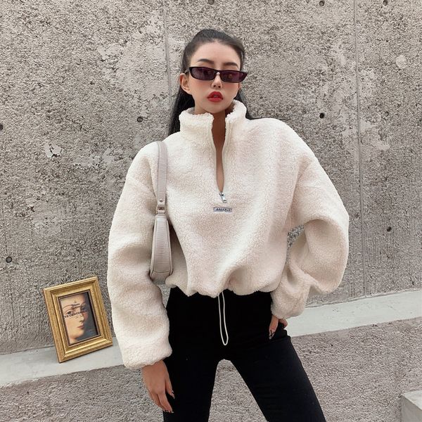 

women fleece solid fuzzy crop casual loose black white grey sweatshirts drawstring hem faux fur zip front baggy pullovers lj201102