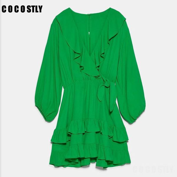 

2020 women summer green ruffles playsuits female casual v-neck long sleeve cascading ruffles bow lining short jumpsuit femme1, Black;white