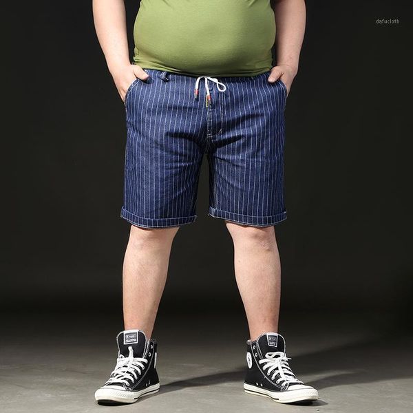

men's summer denim shorts men straight casual loose large size short jeans cotton striped denim shorts elastic waist 6xl1, Blue