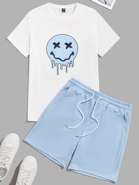 

men letter graphic tee & drawstring waist shorts set 43b5#, Gray