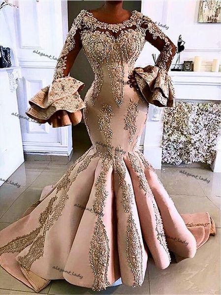 

champagne blush lace appliques evening dresses scoop dubai moroccan saudi arabia mermaid long sleeve prom reception dress, Black;red