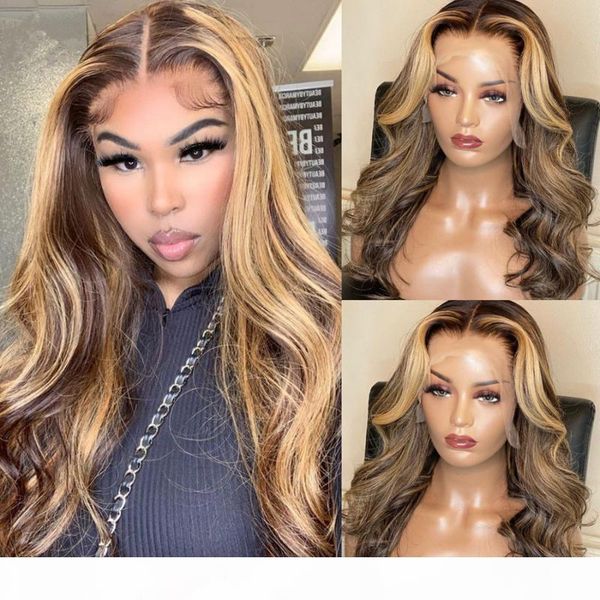 

brazilian body wave lace front wigs 13x6 ombre honey blonde highlight human hair wig pre-plucked density 150 remy hair for women, Black;brown