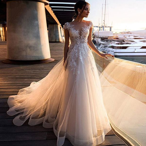 

elegant boho beach tulle wedding dresses appliques lace long bridal gowns vintage illusion cap sleeve plus size princess marriage vestidos, White