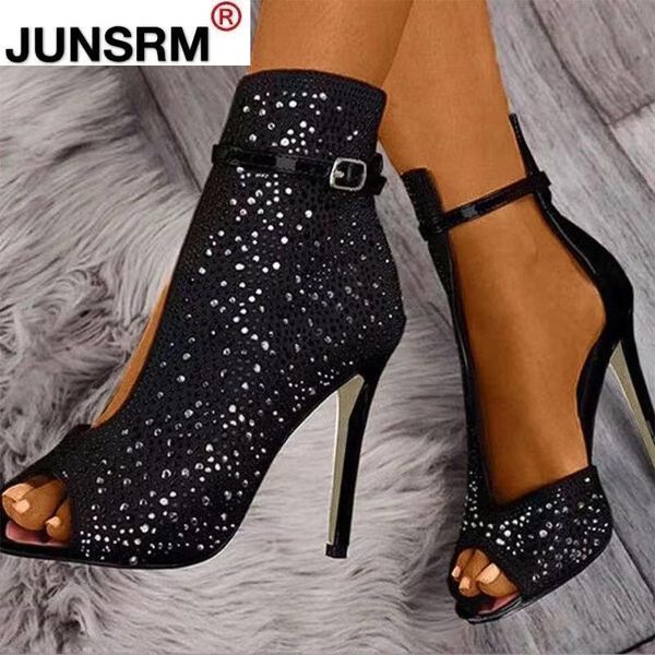 

2021 new women crystal sandals ankle straps buckle transparent cover heel pumps ladies sandals party shoes size 35-43, Black