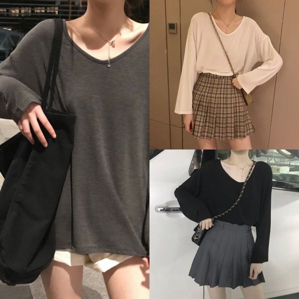 

61ipg длинной рукава футболка красного bottomt футболка и осень рыхлого корейскую версию женщин разностороннее чистый top ленивым цвета твер, White