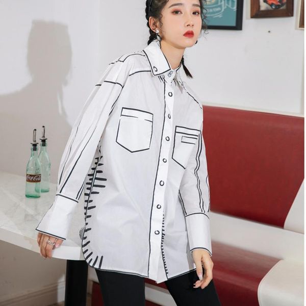 

lanmrem 2021 autumn graffiti print white shirt famale long sleeve tide new streetwear single breasted fashion women 2a300