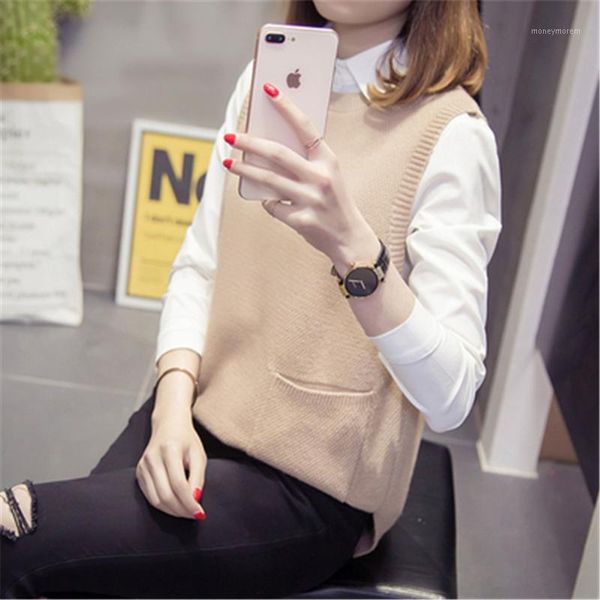 

women's vests fashion patchwork v-neck women's knitted vest preppy style loose plus size veste femme sweater pullover korean sleev, Black;white