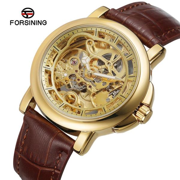 

forsining automatic mechanical men wristwatch sport male clock gold skeleton leather new man watch 021, Slivery;brown