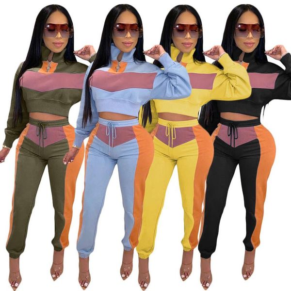 

women's tracksuits women 2 pcs tracksuit sets color block high neck long sleeve crop + elastic waist pant fitness clothes, Gray