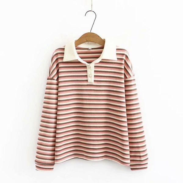 

plus size turn-down collar cotton striped women loose tshirts blouse 2021 new spring autumn casual ladies t shirts female, White