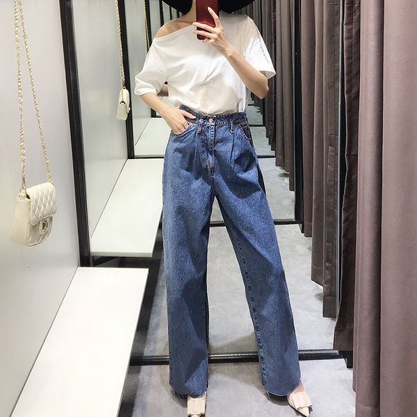 

2020 women's autumn wide leg oversized casual blue denim trousers full length high waist loose solid mom jeans pants