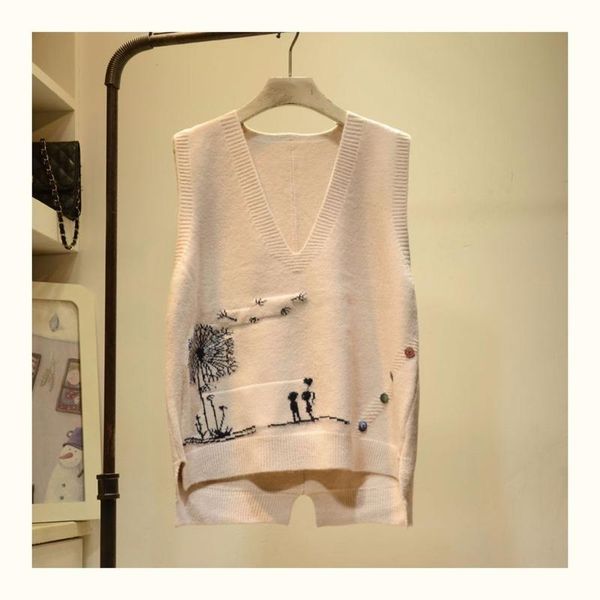 

вышитые v шеи вязаный свитер жилет femal мультфильм pattern frill сыпучие рукавов основывая пуловер свитер жилет женщин 2020 bbyyem, White;black