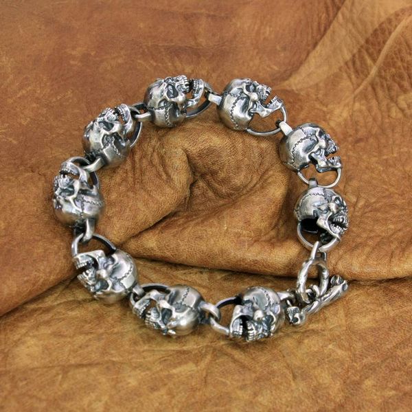 

925 sterling silver huge skull bracelet mens biker rock punk chain ta220, Black