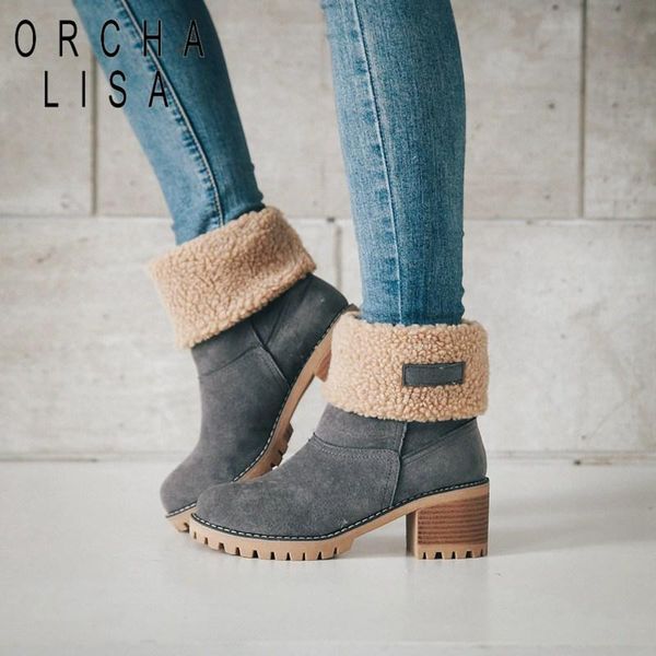

orcha lisa women boots female winter shoes woman fur warm snow boots square heels bota feminina ankle botas mujer b675, Black