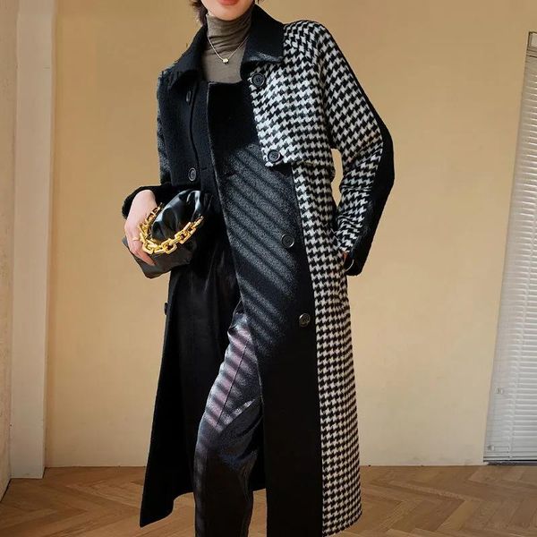 

women long thick woolen coat black houndstooth waistband overcoat large size