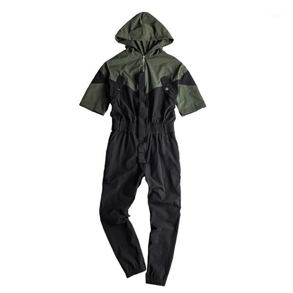 

aboorum men's bib jumpsuits short sleeve patchwork hooded jogger pants trendy overalls army green overalls with belt r34331, Black