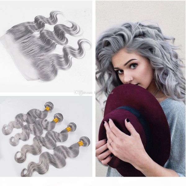 

silver grey colored human hair 4bundles with lace frontal 13x4 malaysian virgin body wavehair weft 4pcs with ear to ear frontal, Black