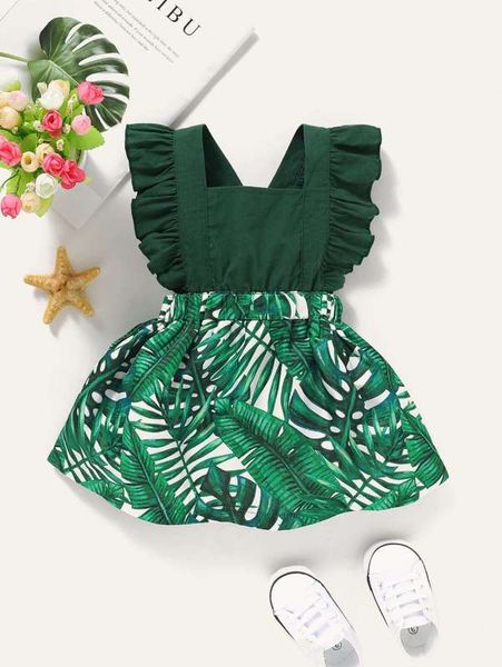 

baby girl tropical print ruffle overall dress she, Red;yellow