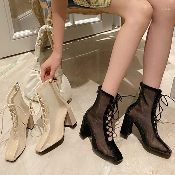 

boots mesh high heel women ankle lace-up spring autumn shoes female hollow rome short woman booties black1, Black