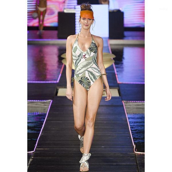 

one piece swimsuit women 2020 swimwear deep v bodysuit swimsuit leaf print bathing suit backless beach wear halter1, White;black