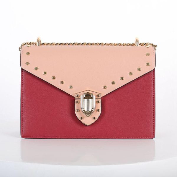 

woonam women fashion handbag genuine calf leather contrast color rivets studs box flap bag