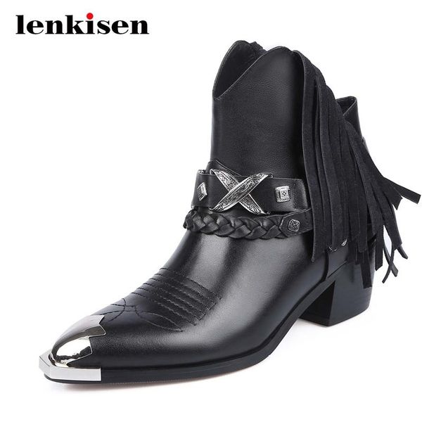 

lenkisen western boots genuine leather fringe metal decorations pointed toe thick med heel zipper coolest punk ankle boots l01, Black