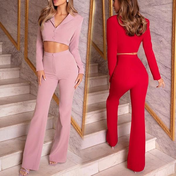 

solid color suits women's two pieces set women long sleeve crop long wide leg pants female suit 2020 autumn ladies clothes1, White
