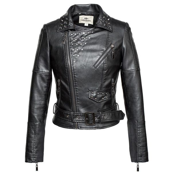 

women's leather & faux fashion brand punk style rivet beading pu jacket female street eco-friendly washed f1085 dropship, Black