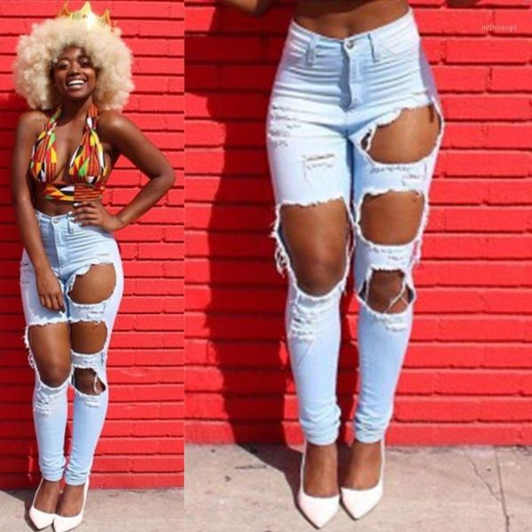 

beggar big hole ripped distressed jeans for women high waist skinny push up jeans destroyed denim woman broken denim pants1, Blue