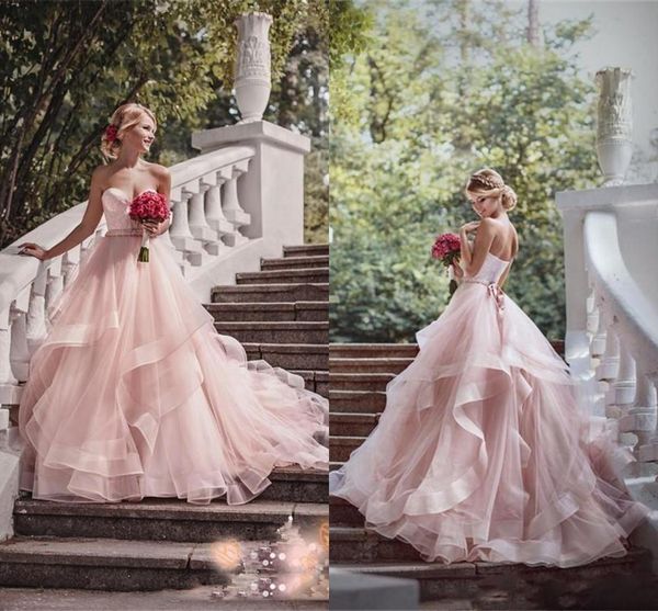 

blush pink a line wedding dresses 2021 rustic boho country sweetheart plus size bridal gowns backless tiered skirt robes de mariÃ©e al8676, White