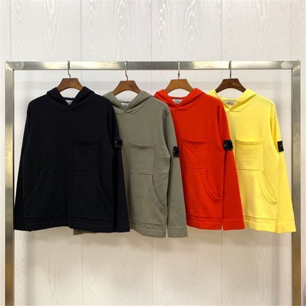 

2020 fashion simple hooded knitted sweater men's patch plaid all-match blouse autumn and winter warm four-color sweater size -2xl, White;black