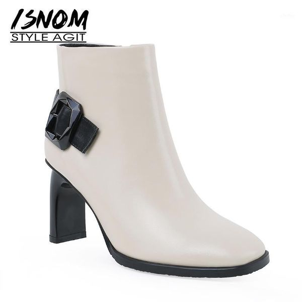 

isnom cow leather boots women ankle boots square toe high heels shoes female buckle party shoes ladies zip winter 20201, Black