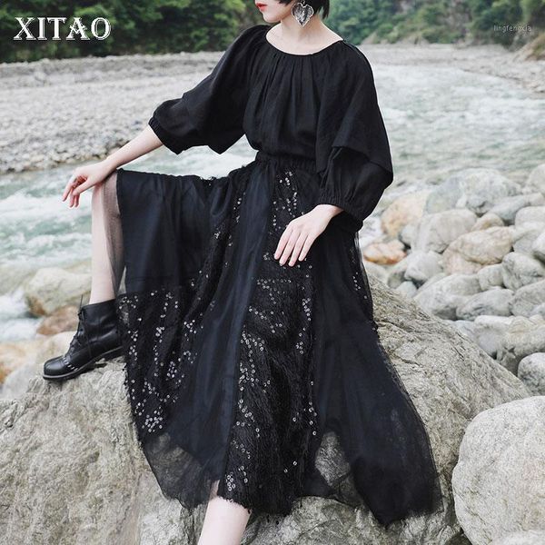 

xitao black lace patchwork mesh sequined skirt women 2020 summer casual fashion new style temperament minority skirt zp11311