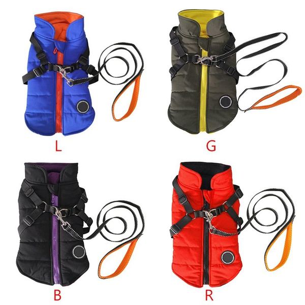 

dog apparel 2 in 1 pet autumn winter skiing costume solid color chest back integrated cotton padded vest with harness