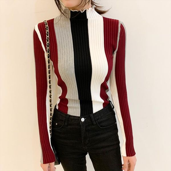 

2020 casual bodycon striped sweater women knitted pullover long sleeve korean ruffled neck slim female jumper, White;black