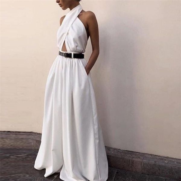 

halter wide leg bodycon summer jumpsuit women overalls backless white skinny rompers womens jumpsuit female long pants lj200814, Black;white