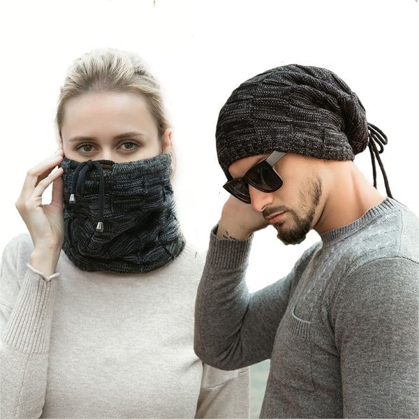 Spessore caldo cappello lavorato a maglia berretti da uomo cappelli invernali per le donne berretti coda di cavallo Bonnet Skullies collo caldo anello sciarpa esterna anello maschera Y201024