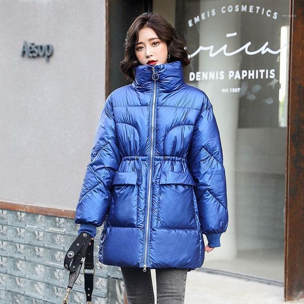

women solid slim pocket winter jacket fashion ladies medium long glossy parka stand collar windproof warmchic coat new1, Black
