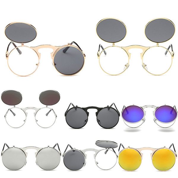 

male retro steampunk sunglass round flip up women mens clip on sunglasses metal punk sun glasses new arrival
