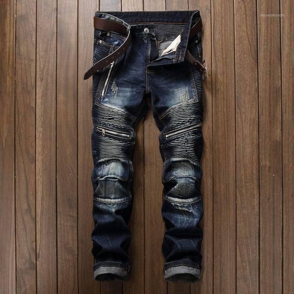 

men's jeans straight folding zipper locomotive snowflake fall men europe and america slim1, Blue