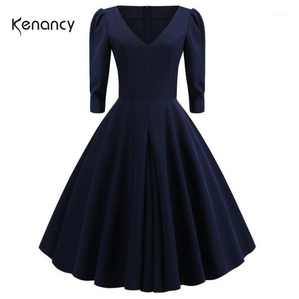 

kenancy navy color women midi vintage dress v neck 3/4 sleeves high waist retro dress 60s audrey hepburn rockabilly vestidos1, Black;gray