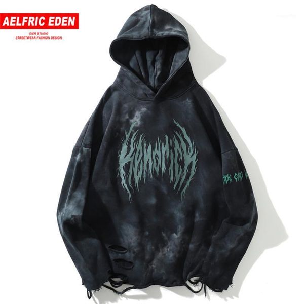 

aelfric eden destroyed ripped hooded sweatshirt men 2021 casual cotton harajuku male pullover oversize hip hop streetwear hoodie1, Black