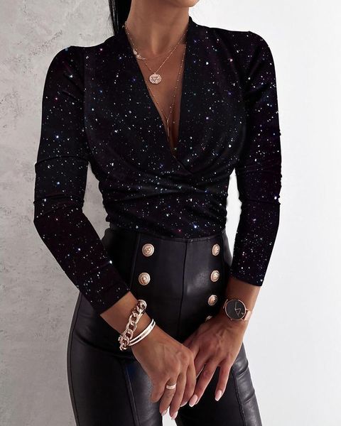 

women glitter plunge ruched long sleeve sequin shirt1, White