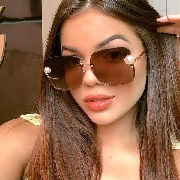 

sunglasses vintage alloy square white pearl for women brand elegant brown pink sun glasses female half frame uv400 shades, White;black